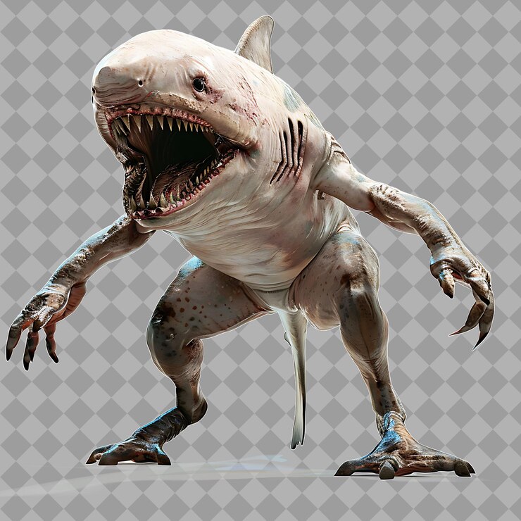 PSD femmina wereshark jaws style creatura con metà umano metà sh isolato rendering di personaggi di alta qualità