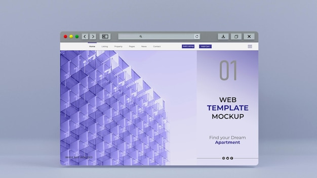 PSD fenêtre minimale du navigateur internet propre pour la maquette 3d de la page de destination