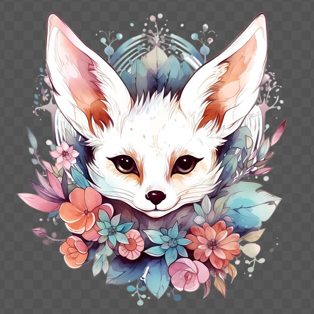 PSD fennec fox head avec des fleurs sur sa tête dans le style s waterclor isolé psd conception transparente