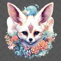 PSD fennec fox head avec des fleurs sur sa tête dans le style s waterclor isolé psd conception transparente