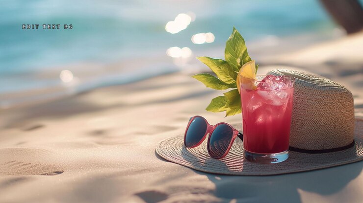 PSD férias na praia, coquetel, bebida, óculos de sol, chapéu, areia, verão.