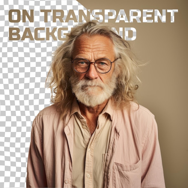 PSD un fermier scandinave aux cheveux longs pose avec des lunettes sur un fond beige.