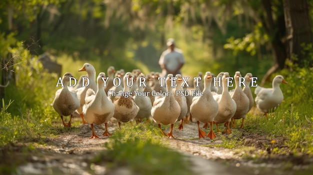 PSD un fermier se promène avec ses canards dans une ferme de la campagne.