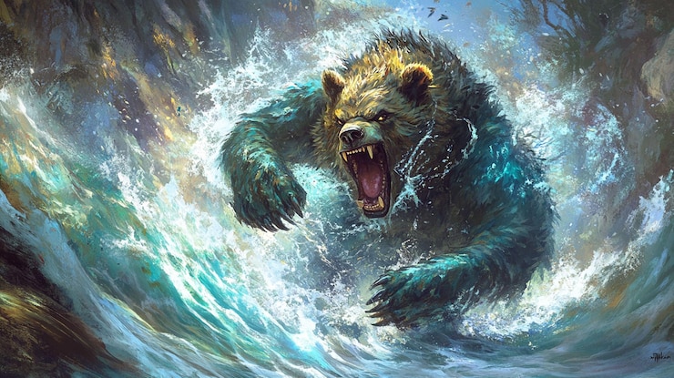 PSD un feroz oso pardo emerge de las olas que se estrellan sus dientes descubiertos en un fuerte rugido