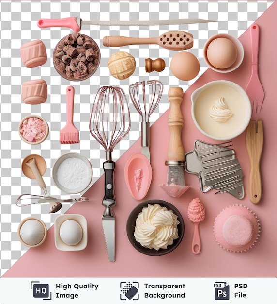 Ferramentas de chef de pastelaria gourmet colocadas em uma mesa rosa com uma xícara branca, uma tigela preta e uma colher rosa