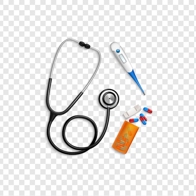 Ferramentas médicas Estetoscópio Termômetro e Pílulas isoladas em fundo transparente