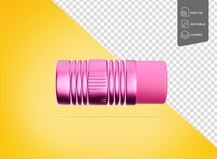PSD ferrule metálico rosado brillante con borrador rosado suave aislado en fondo amarillo ilustración 3d