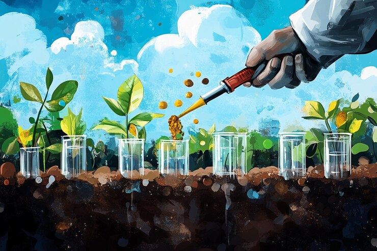 PSD fertilización manual de plantas en tubos de ensayo que crecen en el suelo contra un cielo azul