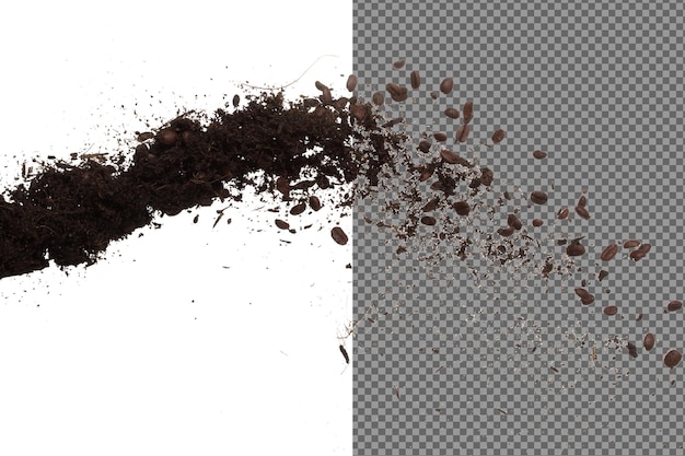 Fertilizante Pó de sementes de feijão de café em pó de solo misto caindo de mosca Fertilisante Terreno de feijões de café para plantar flutuando no ar Fertilizantes Feijão de feijo de café jogado no ar fundo branco isolado congelamento de alta velocidade