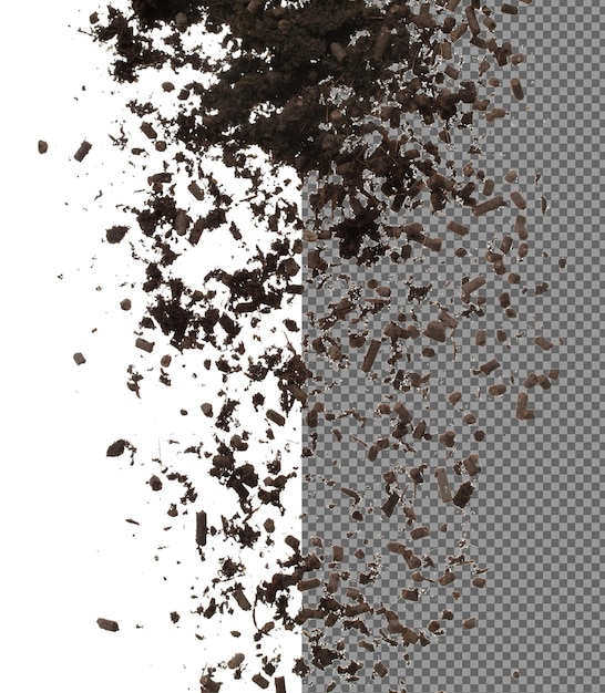 Fertilizante solo orgânico misto queda de mosca tubo de explosão compost fertilizante solo para plantio flutuar no ar fertilizante orgânico solo jogado no ar fundo branco movimento de congelamento de alta velocidade isolado