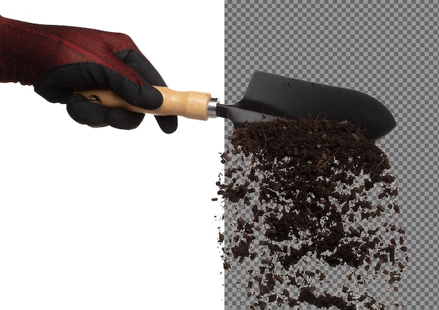 Fertilizante Terra orgânica mista mosca cair no tubo de pá compost terra fertilizante para plantar flutuar no ar Terra fertilizante orgânica jogar no ar meio fundo branco isolado movimento de congelamento de alta velocidade