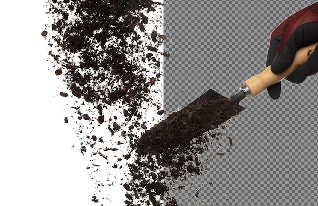 Fertilizante Terra orgânica mista mosca cair no tubo de pá compost terra fertilizante para plantar flutuar no ar Terra fertilizante orgânica jogar no ar meio fundo branco isolado movimento de congelamento de alta velocidade
