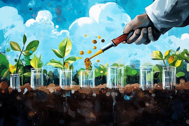 PSD fertilizar à mão plantas em tubos de ensaio que crescem no solo contra um céu azul