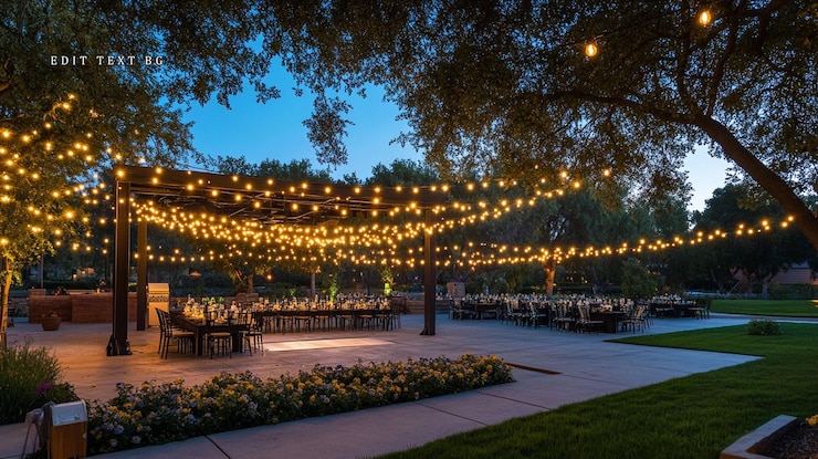 PSD festa de jantar ao ar livre elegante ao anoitecer sob uma pérgola adornada com luzes de corda