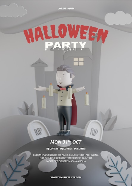 Festa de panfleto de halloween 3d com drácula fofo com renderização 3d de vela voadora