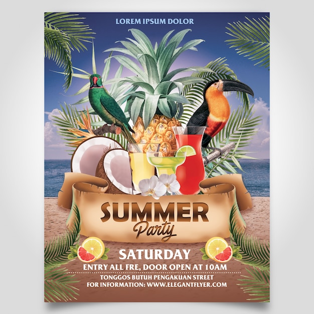 FESTA DE PRAIA DE VERÃO COM ÁRVORE DE COCO E MODELO DE FLYER DE ABACAXI CAMADA EDITÁVEL