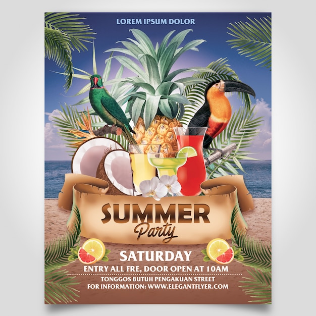 Festa de praia de verão com árvore de coco e modelo de flyer de abacaxi camada editável