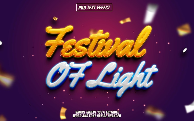 PSD festa della luce effetto testo font tipografia modificabile testo 3d