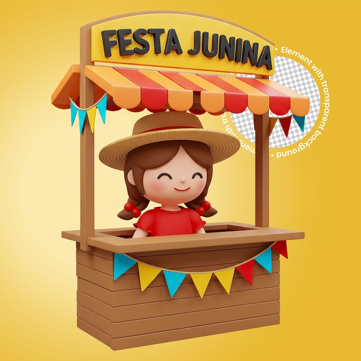 PSD festa junina cartoon girl em um estande festivo