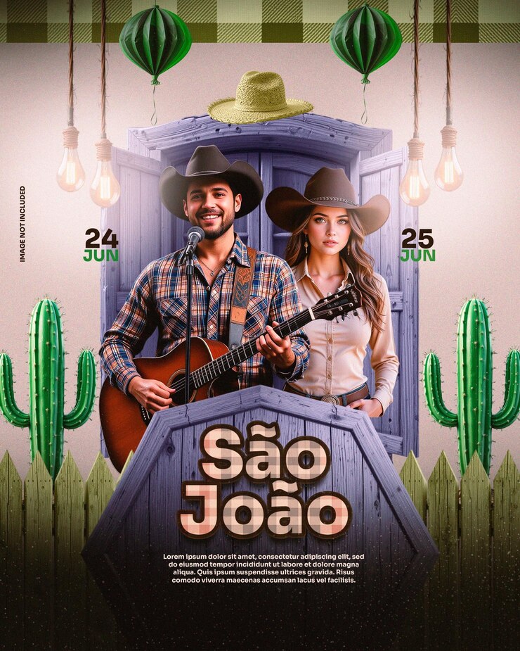 PSD festa junina flyer com casal de cactos do campo e decorações coloridas
