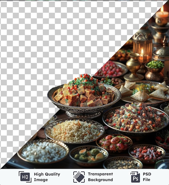 PSD festa premium do eid al-fitr com uma variedade de alimentos servidos em tigelas, incluindo arroz branco em uma mesa de madeira adornada com uma vela acesa