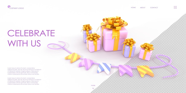 Festeggia con noi rendering 3d della pagina di destinazione isometrica Concetto di agenzia di eventi Pianificazione e organizzazione di servizi per feste o compleanni Banner web con ghirlanda festiva e scatole regalo incartate Illustrazione 3D