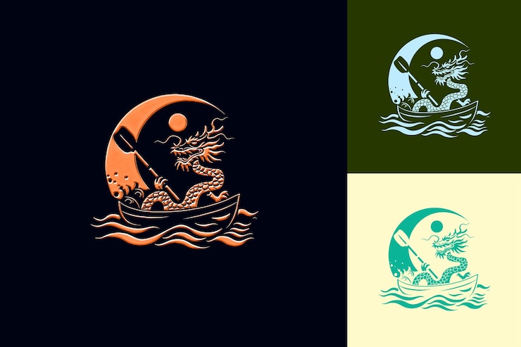 PSD festiva carrera de barcos dragón chinos con diseño de mascota amigable diseños de iconos lunares inspirados en png