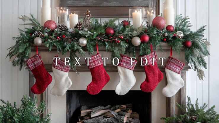 PSD festiva chimenea de navidad decorada con medias de guirnaldas velas y adornos