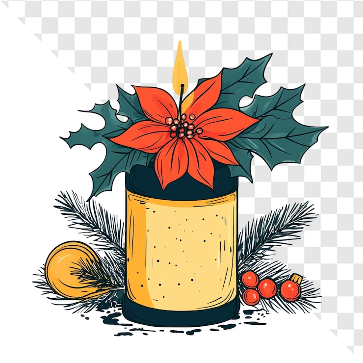 PSD festiva vela de navidad ardiendo brillante adornada con poinsettias y adornos cálida alegría navideña