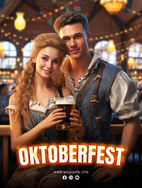 PSD festival de cerveja oktoberfest postagem de mídia social design de cartaz com casal segurando um copo de cerveja em backg