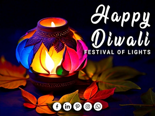 PSD festival de diwali em noite escura de decoração de iluminação e fundo colorido lâmpada de barro