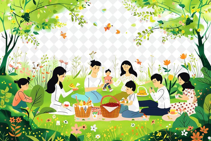 PSD festival do dia de maio com famílias fazendo um piquenique em um prado d festival png ilustrações de arte plana 2d