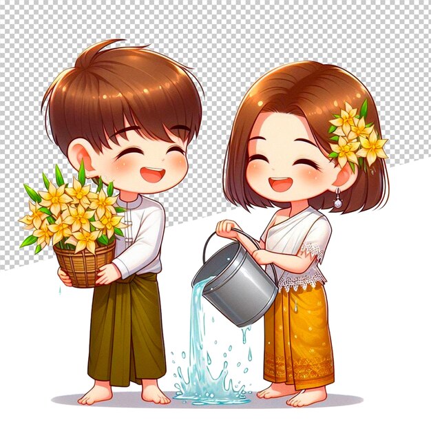 PSD le festival de l'eau de myanmar thingyan et le festival d'eau thaïlandais songkran chibi thingyan garçon et fille