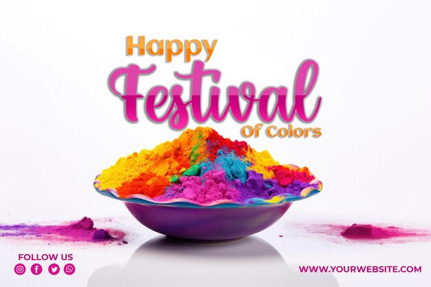 PSD le festival indien holi est un bol à couleurs multiples sur blanc.