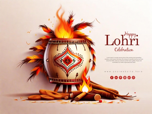 El festival indio de la celebración de lohri con fondo de fuego con tambor decorado y hoguera
