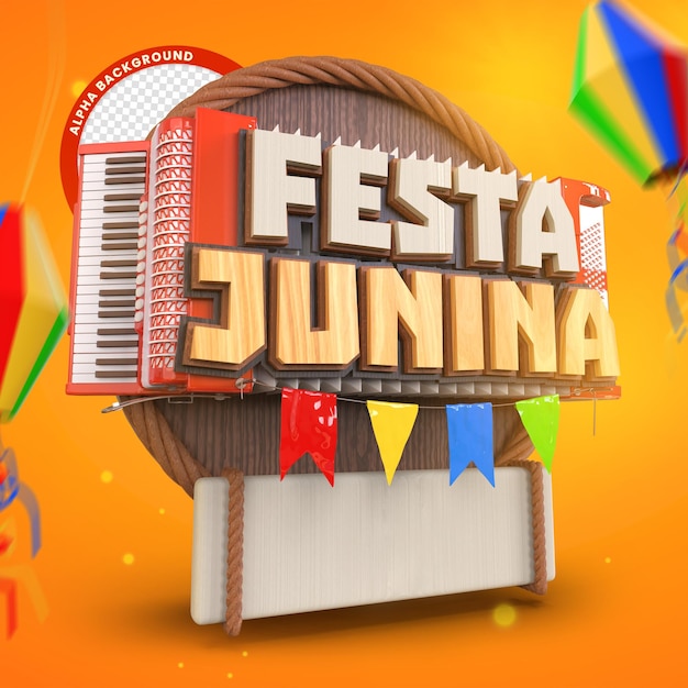 PSD festival junina de so joo selo 3d com acordeão e bandeiras