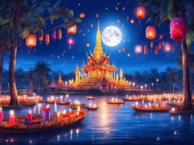 PSD le festival de loy krathong avec des bougies colorées et la pleine lune en thaïlande