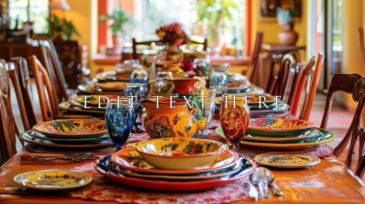 PSD festive colorful tableware set on a long dining table ready for a meal