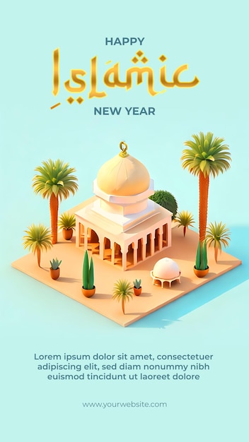 PSD festividades islâmicas do ano novo na ilustração isométrica da mesquita