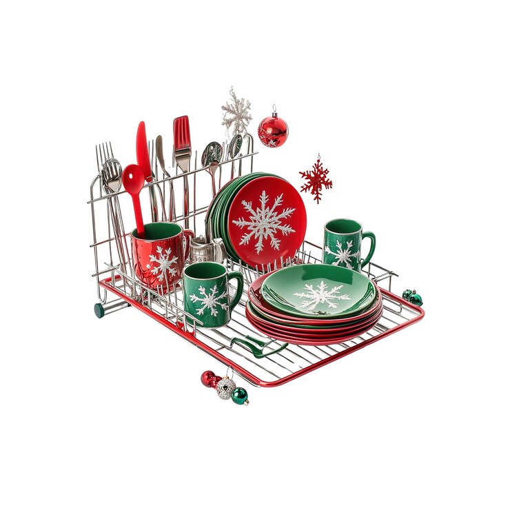 PSD festivo estante de secado de platos de navidad con platos tazas y utensilios