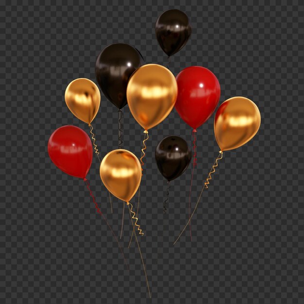 Festivo montón de globos brillantes en dorado negro y rojo para celebraciones