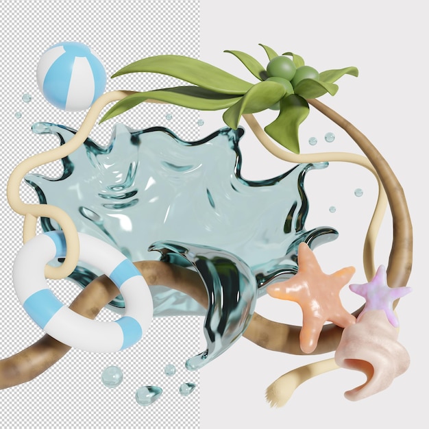 Festivo de verano con palmeras, conchas, salpicaduras de agua, ilustración 3d, representación 3d