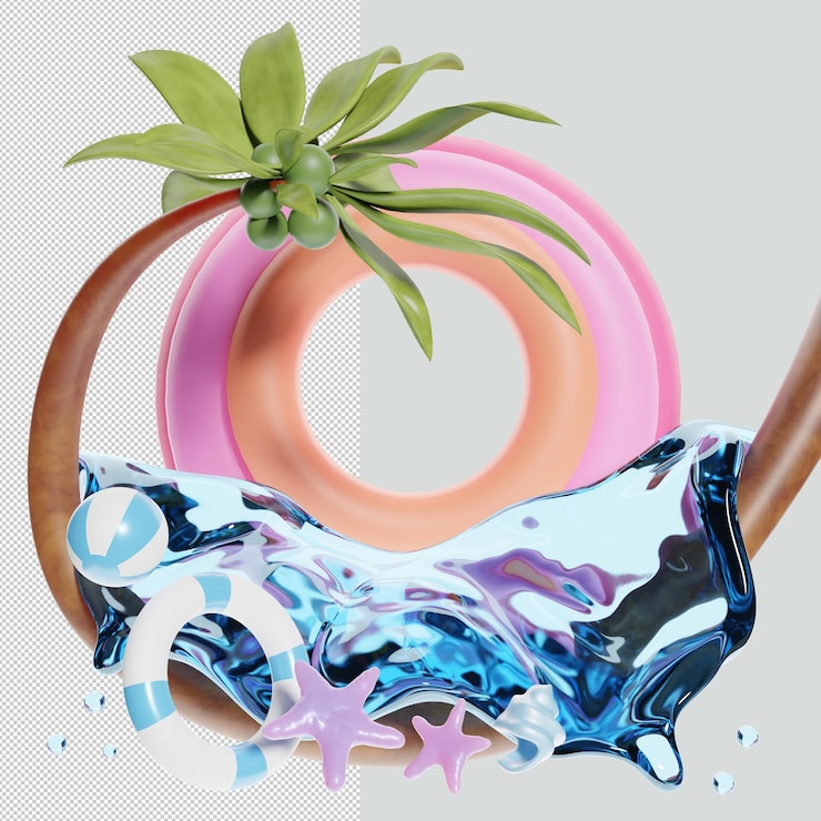 PSD festivo de verano con palmeras, conchas, salpicaduras de agua, ilustración 3d, representación 3d
