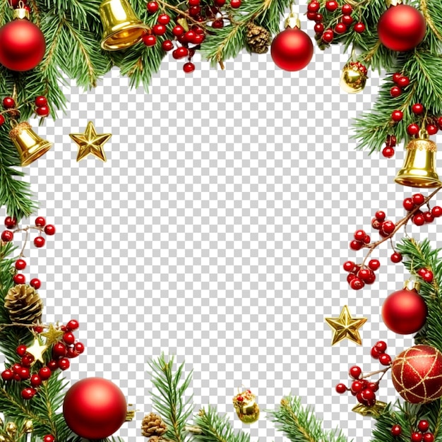 Festlicher Weihnachtsrahmen mit grünen Kiefernzweigen und Ornamenten auf durchsichtigem Hintergrund