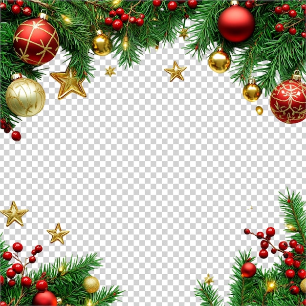 Festlicher Weihnachtsrahmen mit grünen Kiefernzweigen und Ornamenten auf durchsichtigem Hintergrund