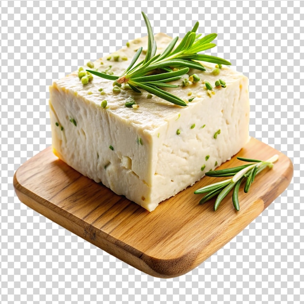 PSD feta de queijo grego com alecrim e ervas em madeira isolada em fundo branco