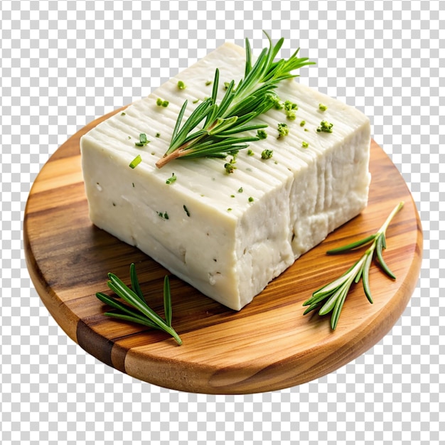 PSD feta de queso griego con romero y hierbas en madera aislada sobre fondo blanco