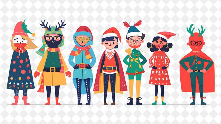 PSD fête de costumes de noël avec des personnages déguisés en illustration de noël design artistique