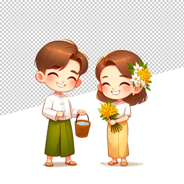 PSD la fête de l'eau du myanmar et la fête du songkran thaïlandais chibi thingyan garçon et fille