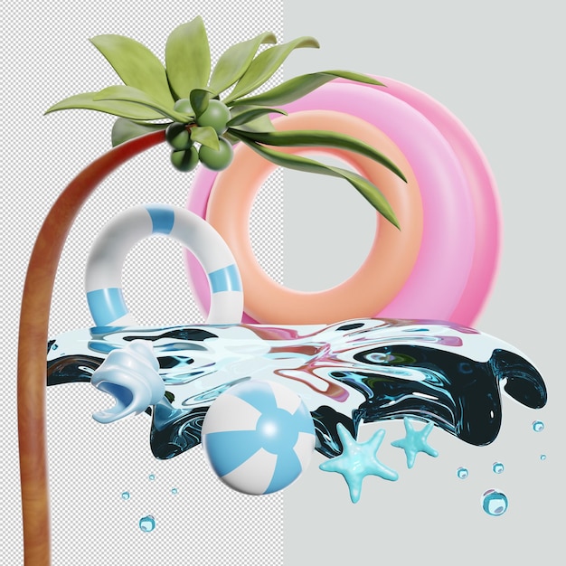 Fête D'été Avec Palmiers Coquille éclaboussures D'eau Illustration 3d Rendu 3d